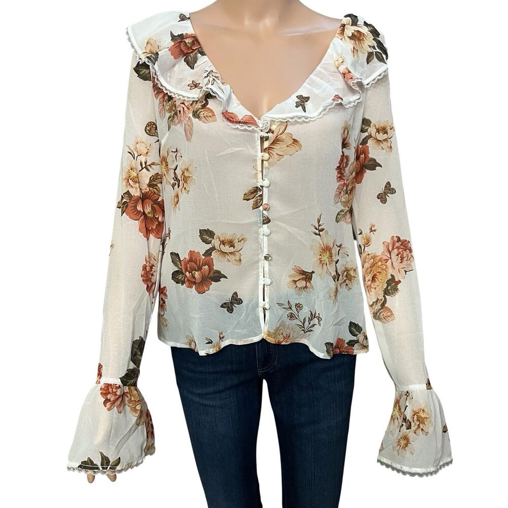 Majorelle Fleur Chiffon Blouse Medium Button Down Floral Butterfly Print White